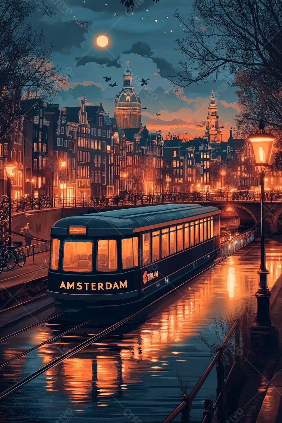 Foto Amsterdam Canal Noturno Bonde Iluminado Lua Cheia