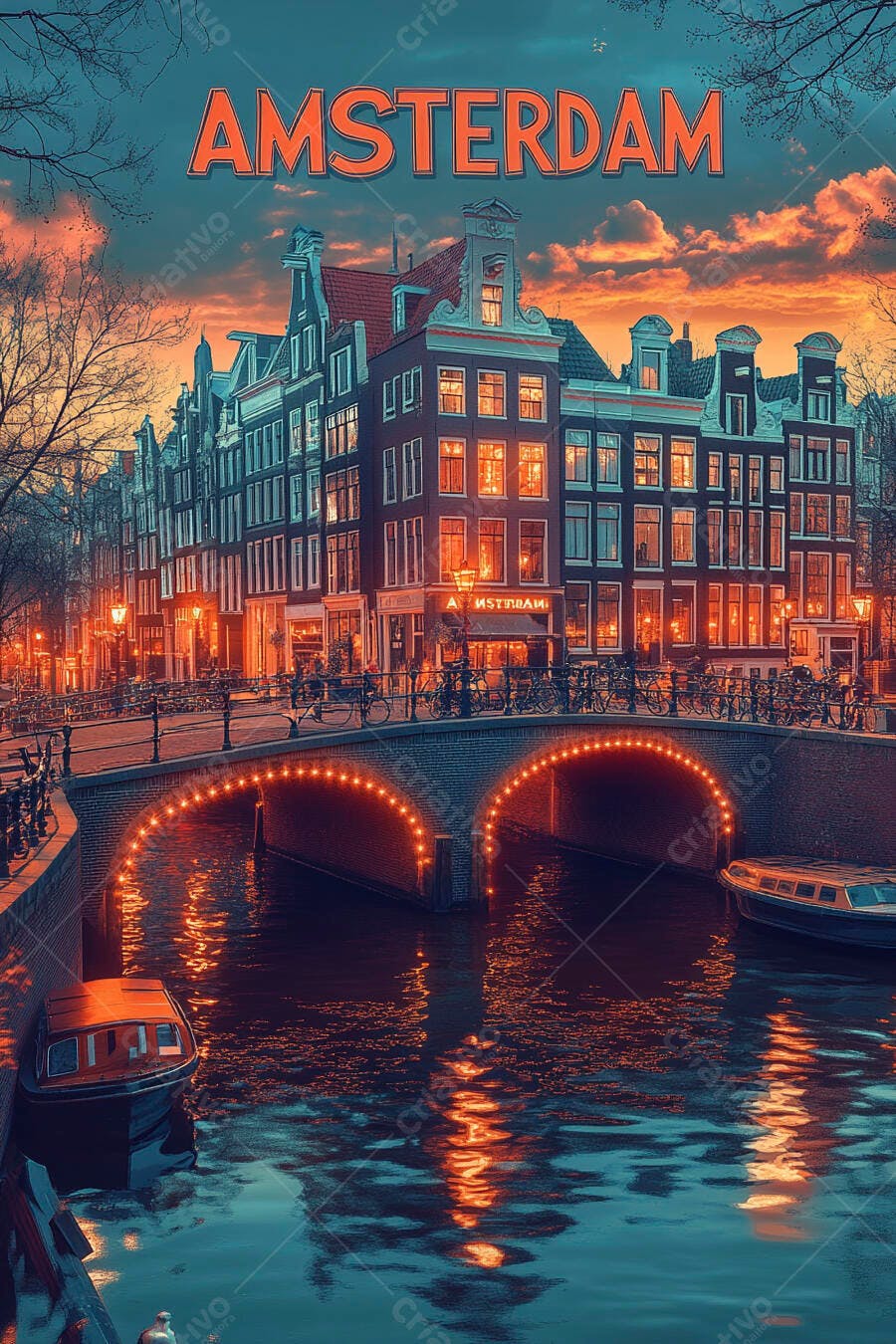 Foto Amsterdã Edifícios Históricos Canal Ponte Iluminada