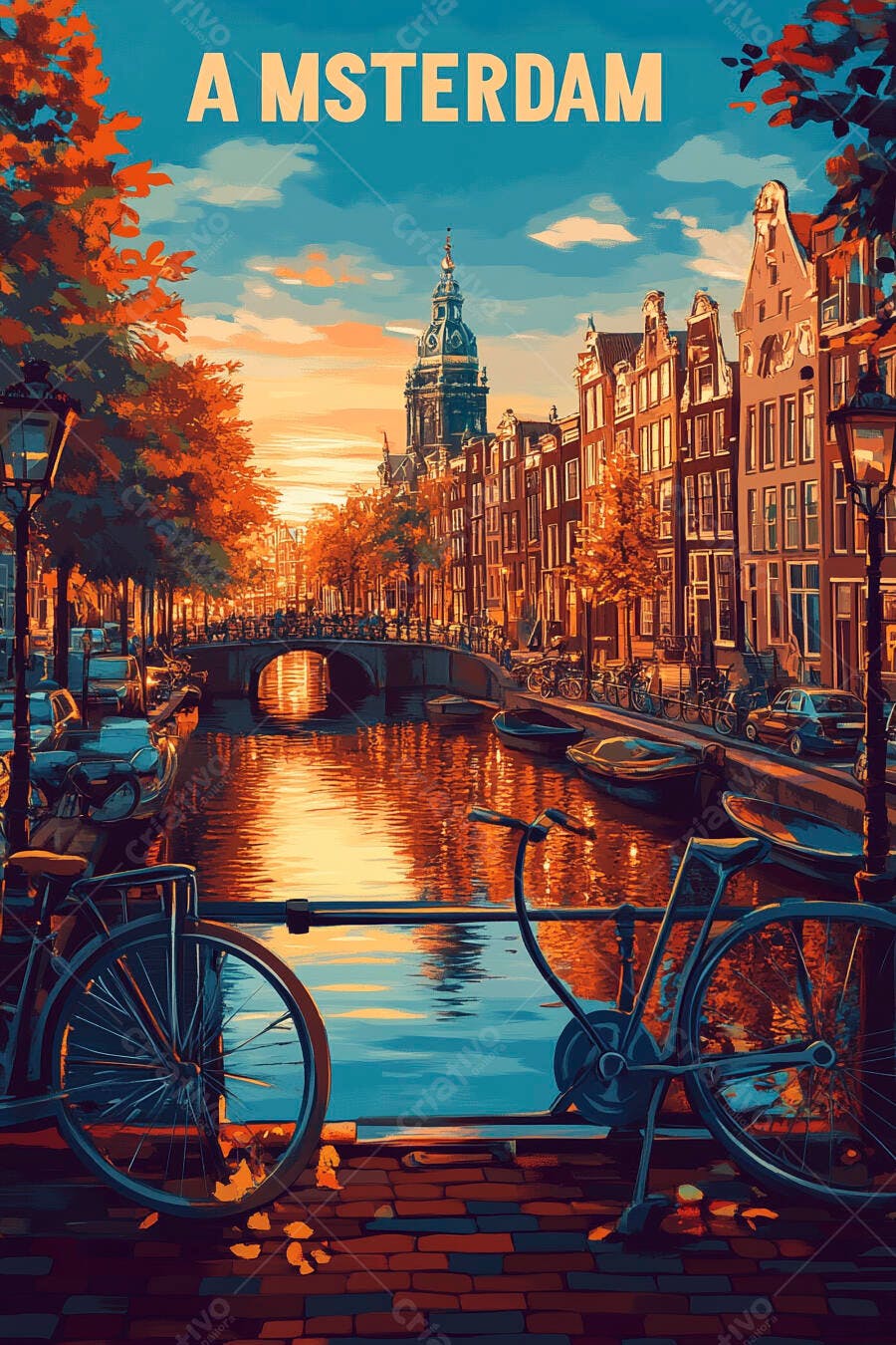Ilustração Amsterdam Outono Bicicletas Canal Casarões Históricos