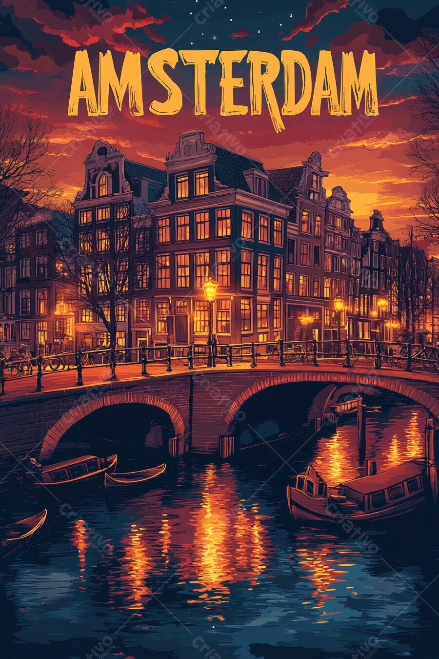 Ilustração Amsterdam Pôr do Sol Casas e Canais com Barcos