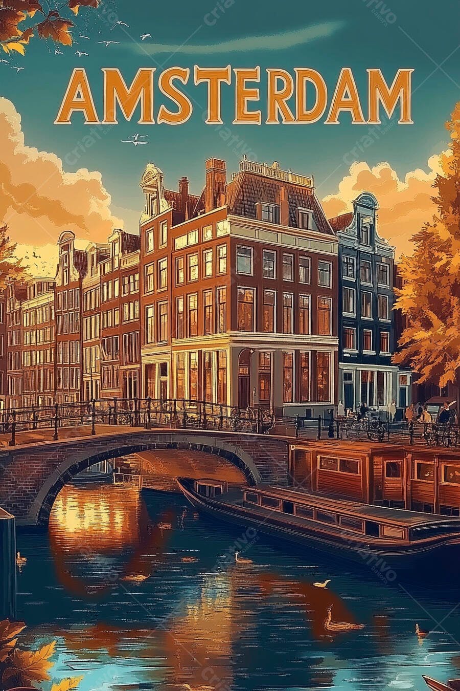 Pôster Vintage Amsterdã Canal Casas Barco Ilustração