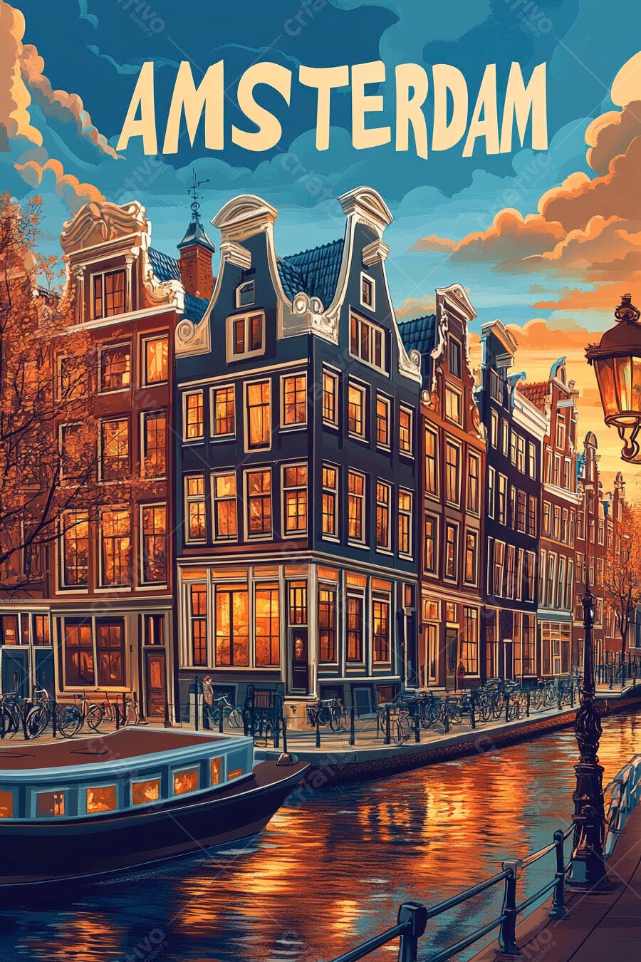 Ilustração Amsterdam Canal Casas Holandesas Entardecer