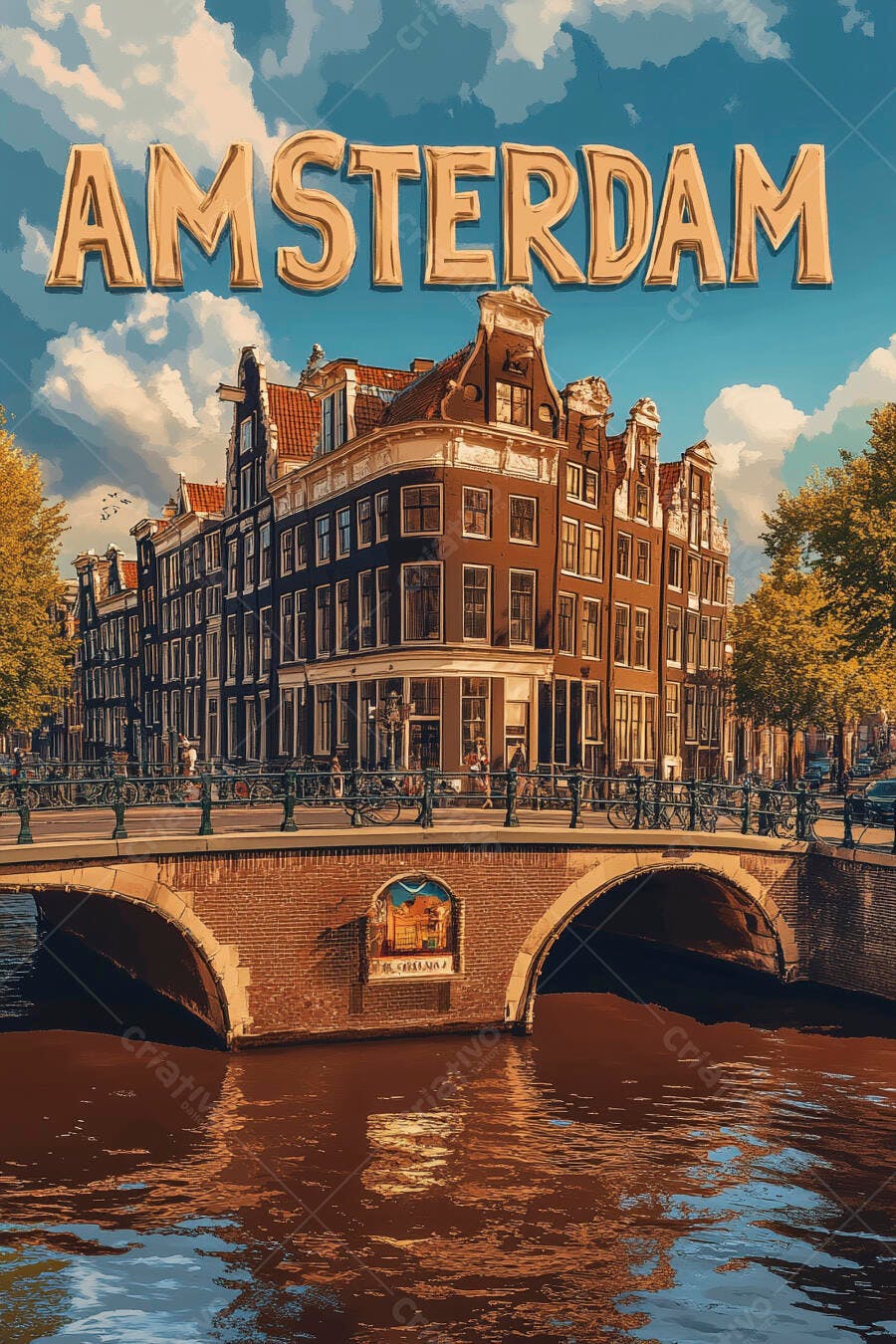 Ilustração Amsterdam Ponte Canal Casas Típicas Holanda