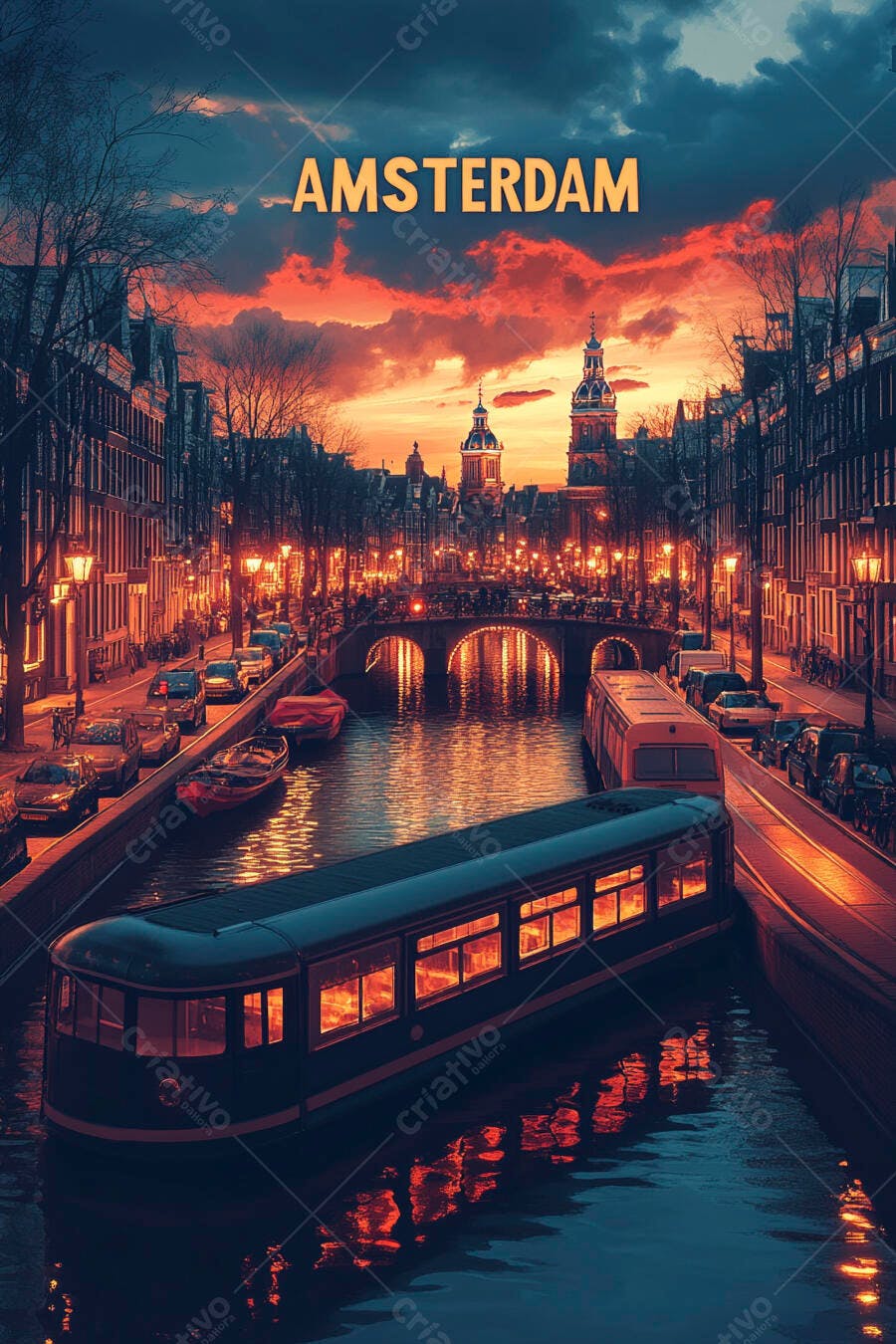 Foto Amsterdam Entardecer Barco Canal Pôr do Sol Urbano