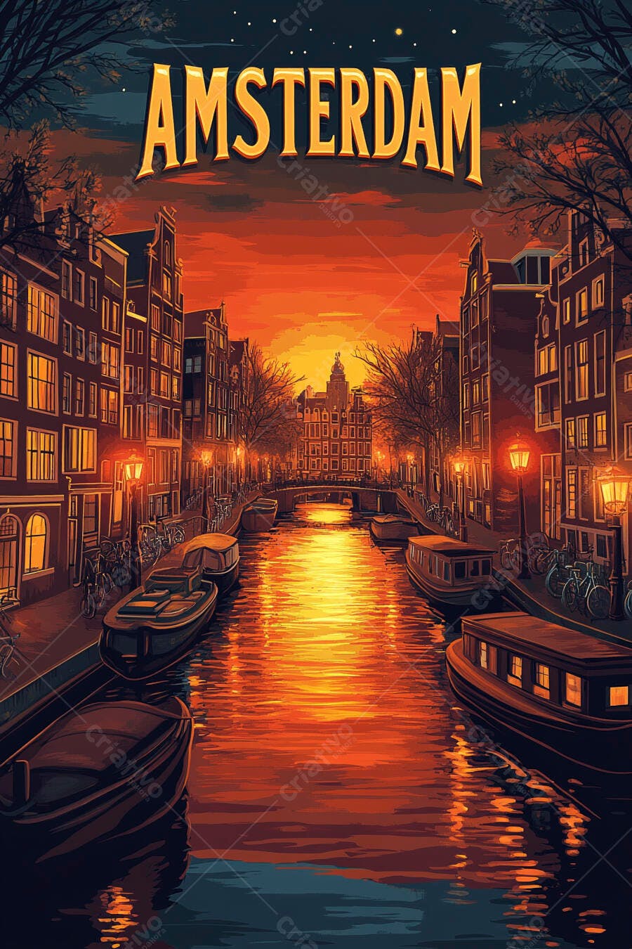 Ilustração Amsterdam Pôr do Sol Canal Barcos Edifícios