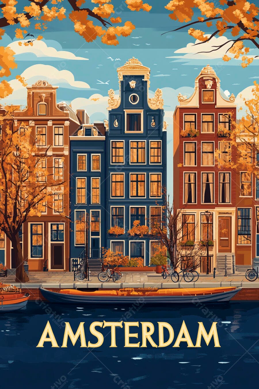 Ilustração Amsterdam Outono Casas Típicas Canal Barco