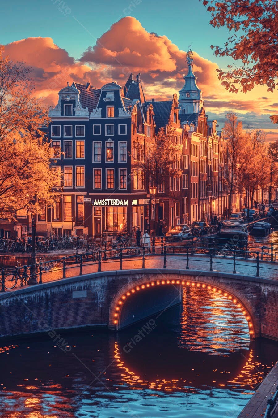 Foto Amsterdã Pôr do Sol Canal Ponte Iluminada