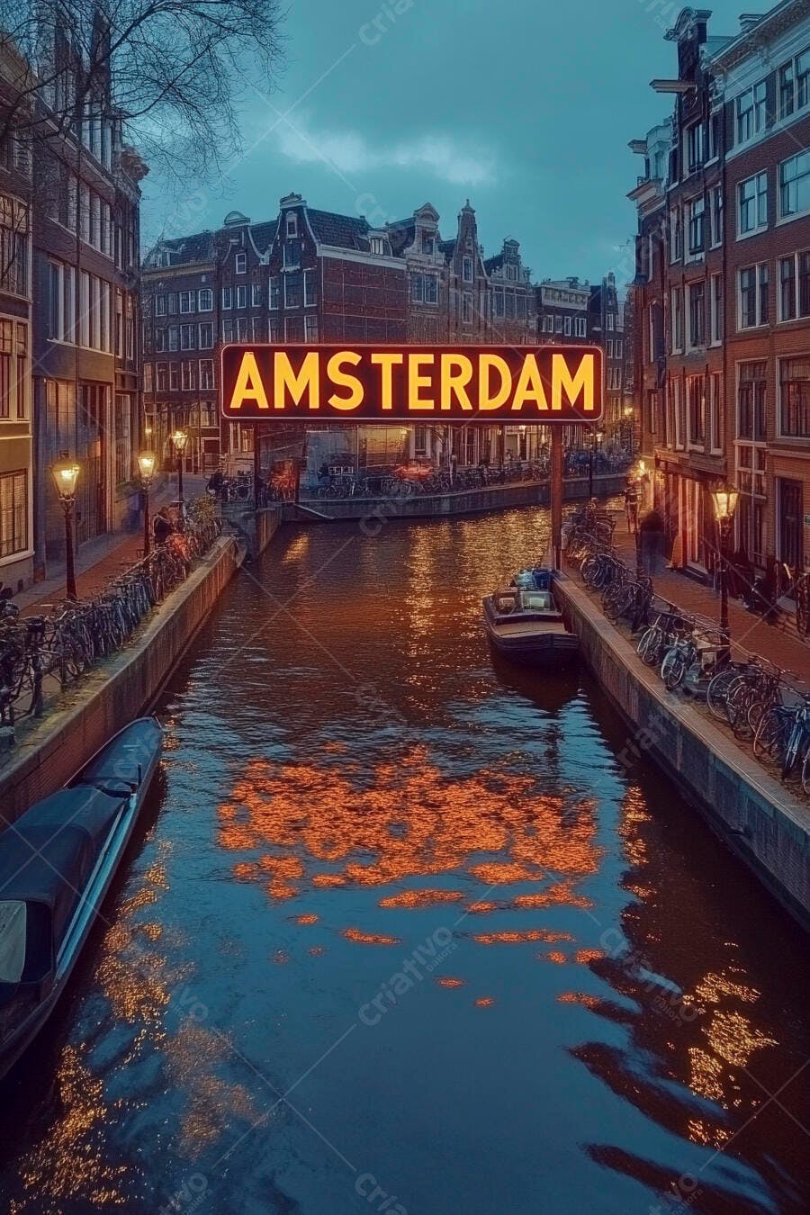 Foto Canal de Amsterdã Placa Luminosa Noturna Cidade