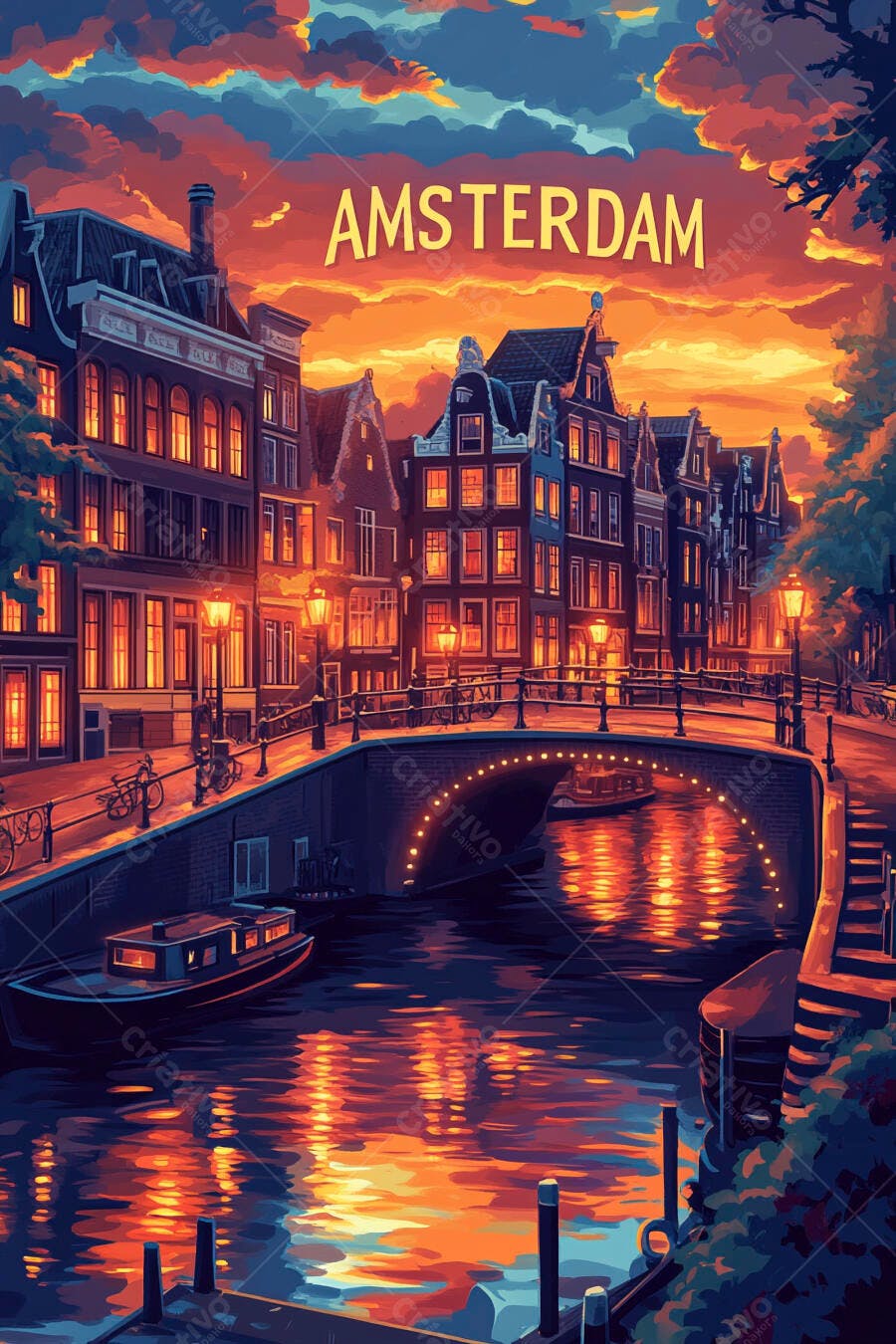 Ilustração Amsterdam Pôr do Sol Canal Barcos Pontes