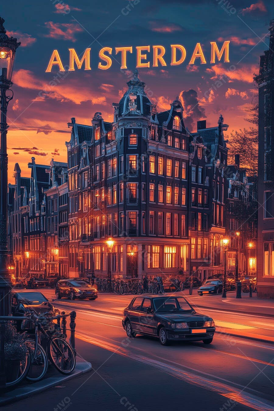Foto Amsterdam Entardecer Prédios Históricos Luzes Laranjas
