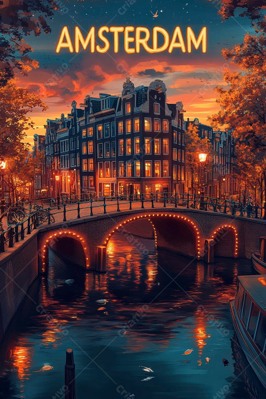 Ilustração Amsterdam Pôr do Sol Canal Pontes Luzes