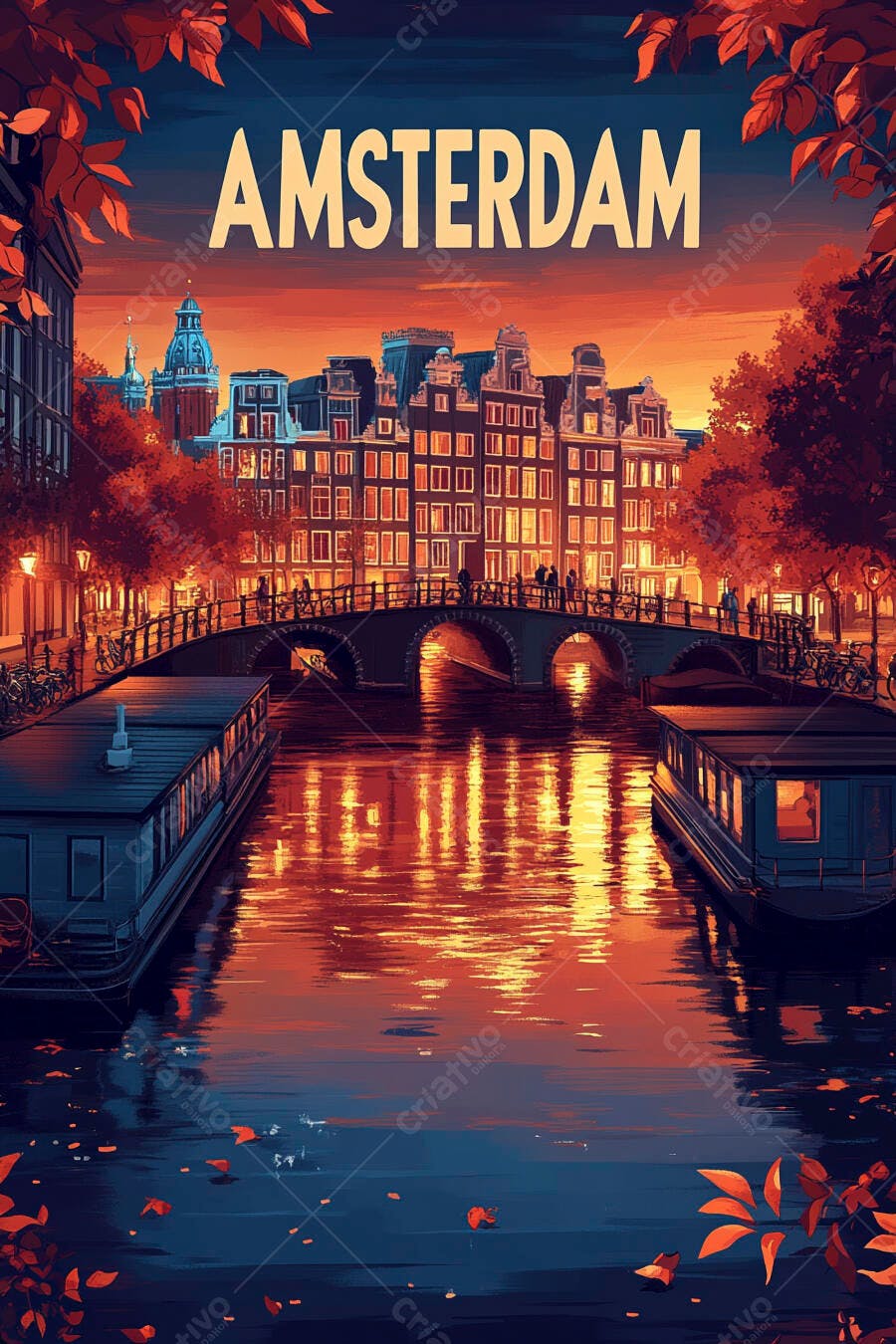 Ilustração Amsterdam Pôr do Sol Canal Barcos Casas