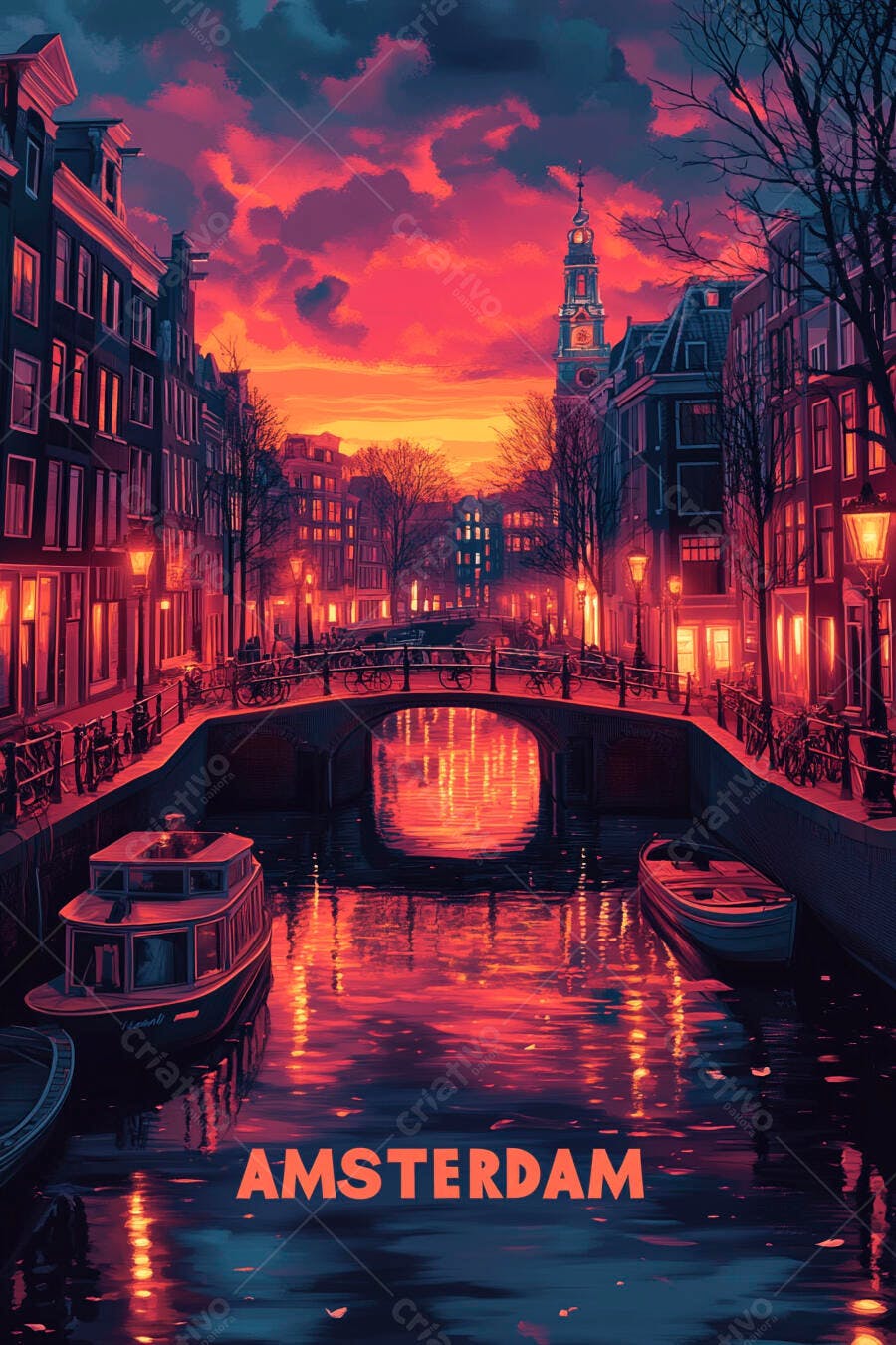 Ilustração Amsterdam Canal Pôr do Sol Cores Vibrantes