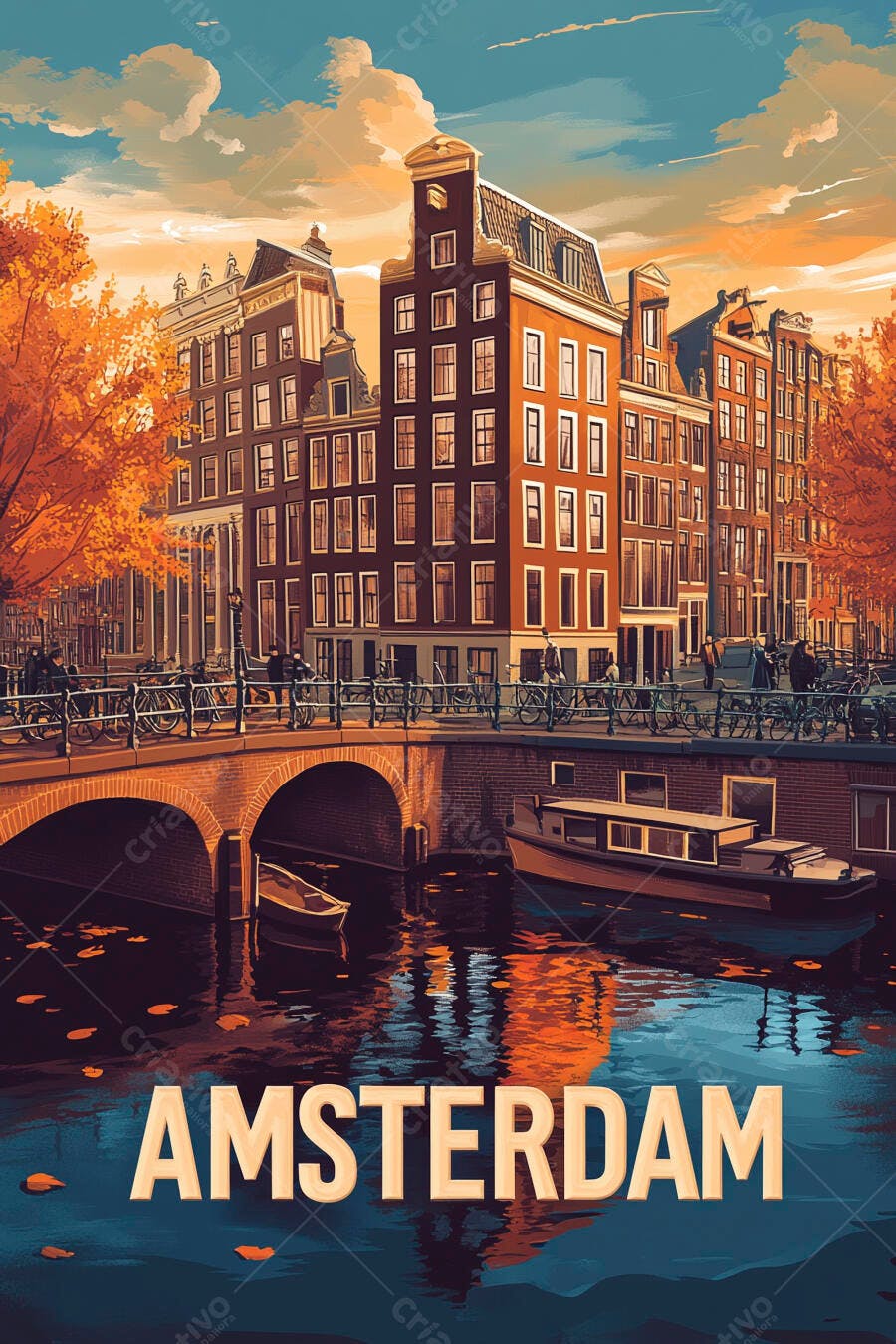 Ilustração Amsterdam Outono Canal Casas Barcos