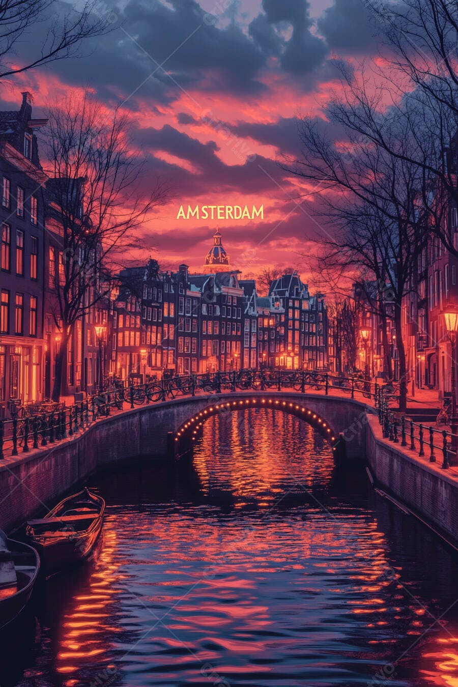 Foto Amsterdam Pôr do Sol Canal Ponte Iluminada