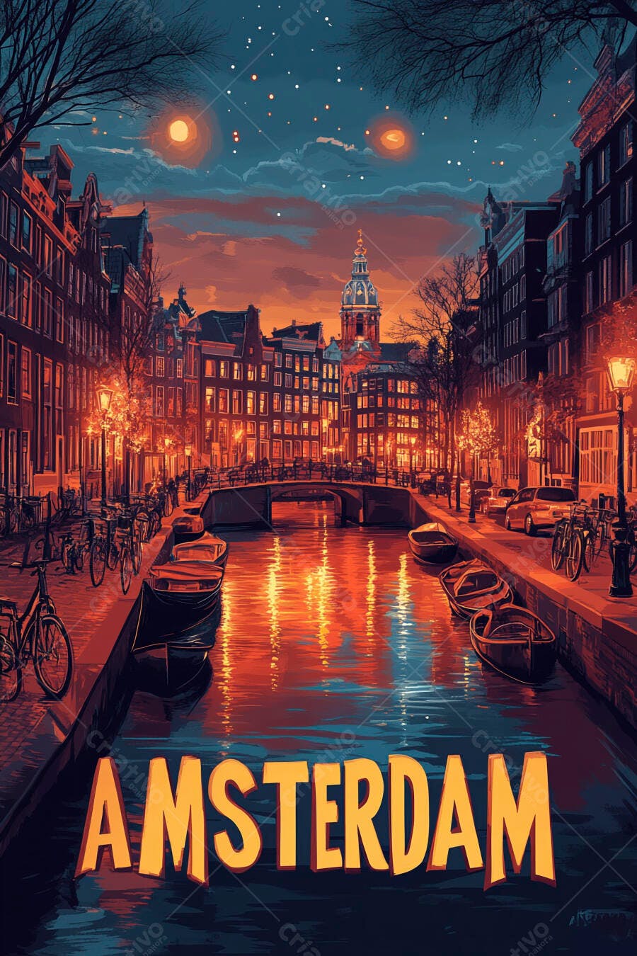 Ilustração Amsterdam Canal Noturno Luzes Cidade Histórica