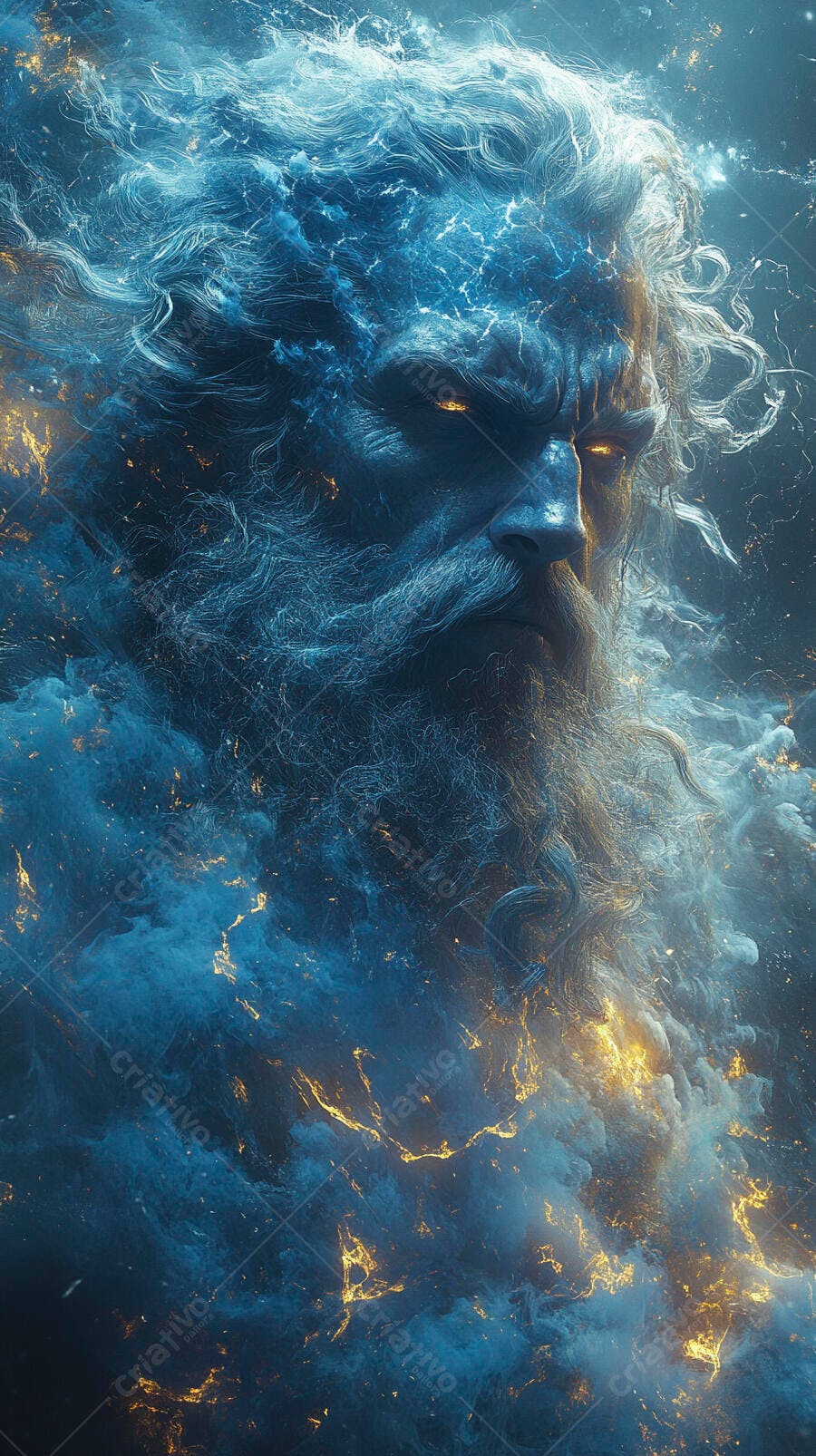 Deus da tempestade com barba longa energia azul e raios dourados
