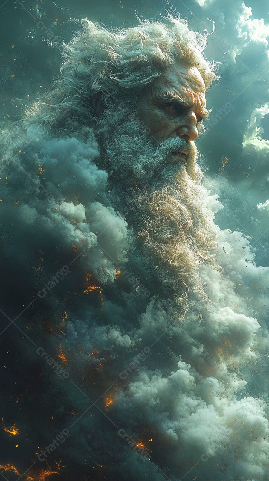 Homem idoso com barba branca longa entre nuvens escuras e fogo celeste