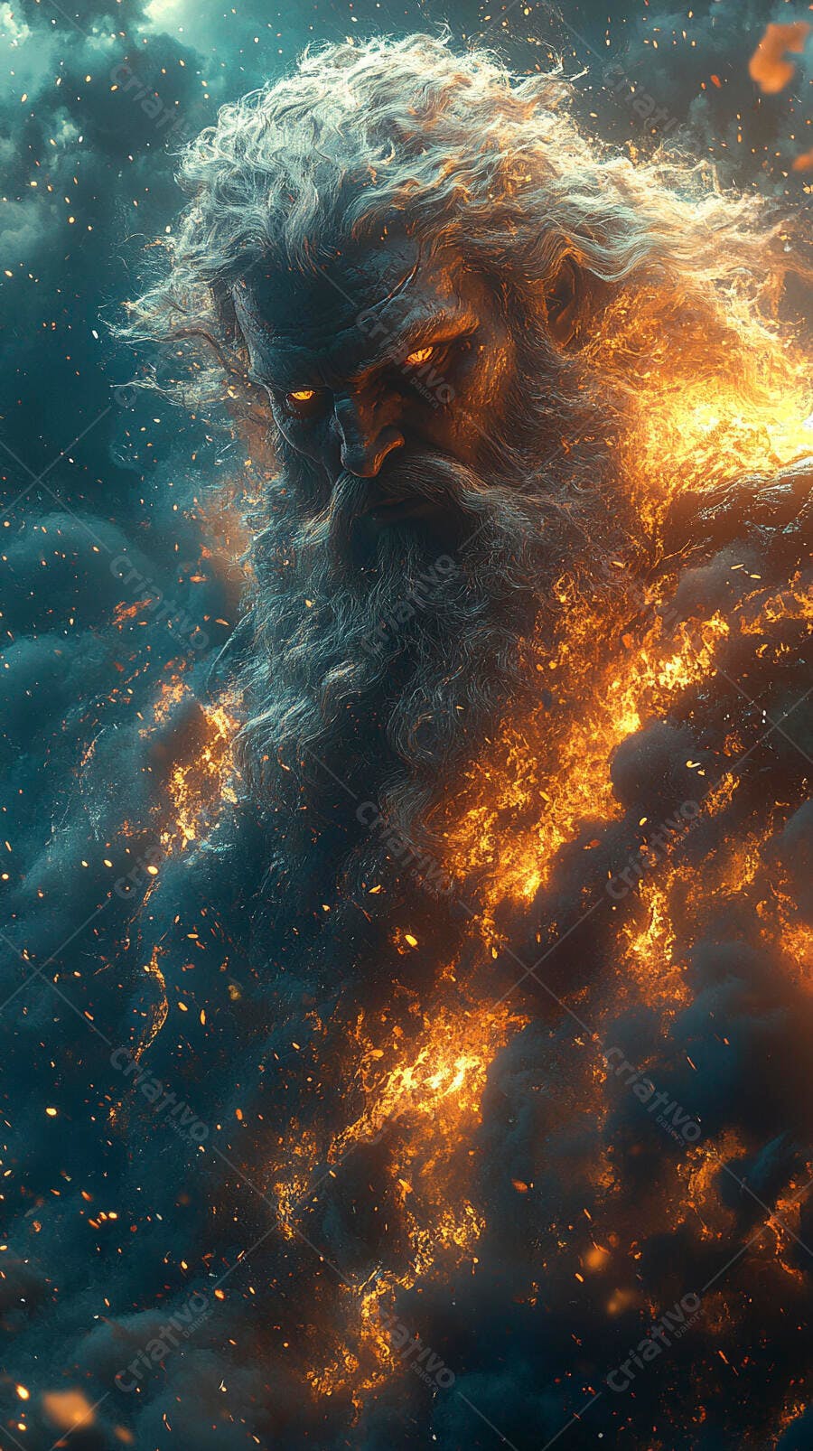 Foto Deus Grego Zeus com Fogo e Olhos Brilhantes