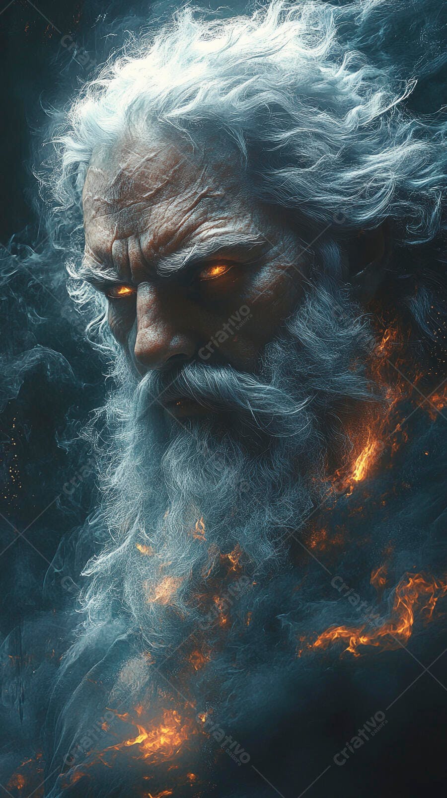 Deus Grego Zeus com Olhos Brilhantes e Cabelos de Nuvem