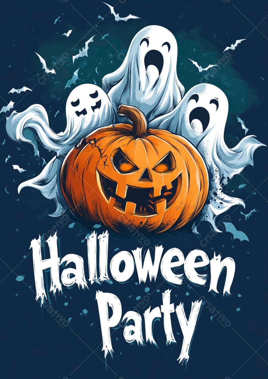 Ilustração Halloween Abóbora Fantasmas e Morcegos Outubro