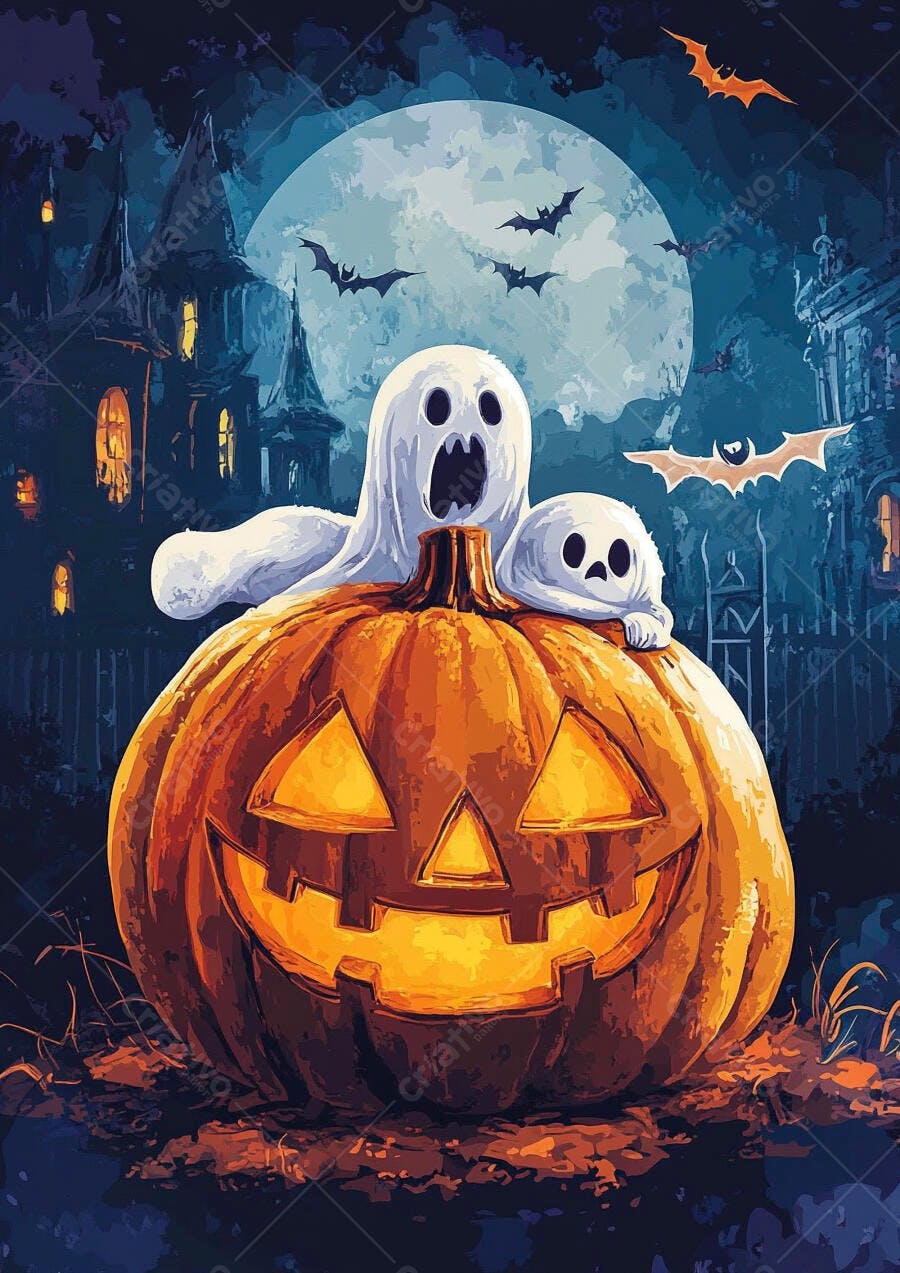 Halloween Abóbora Fantasmas Morcegos Lua Cheia Noite
