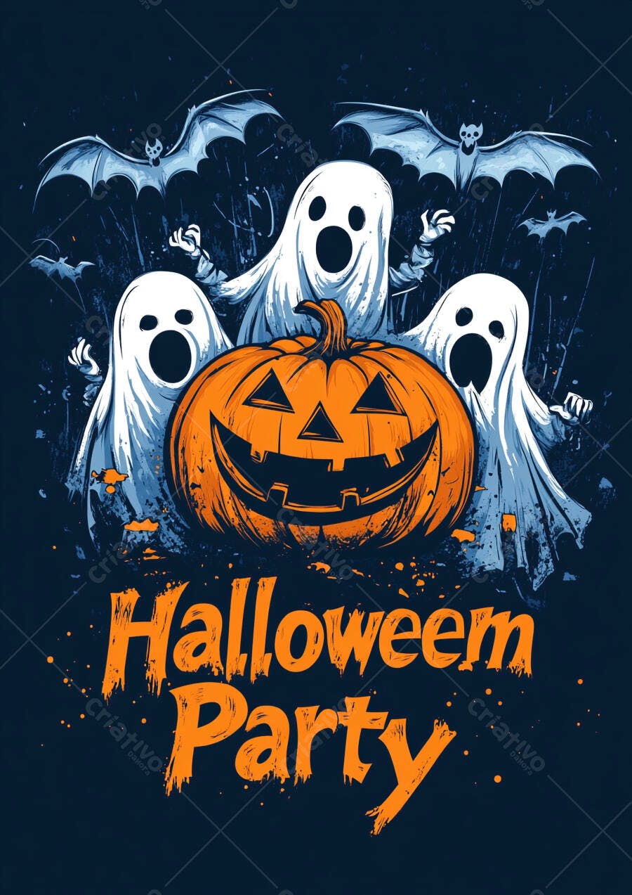 Ilustração Halloween Party Abóbora Fantasmas Morcegos