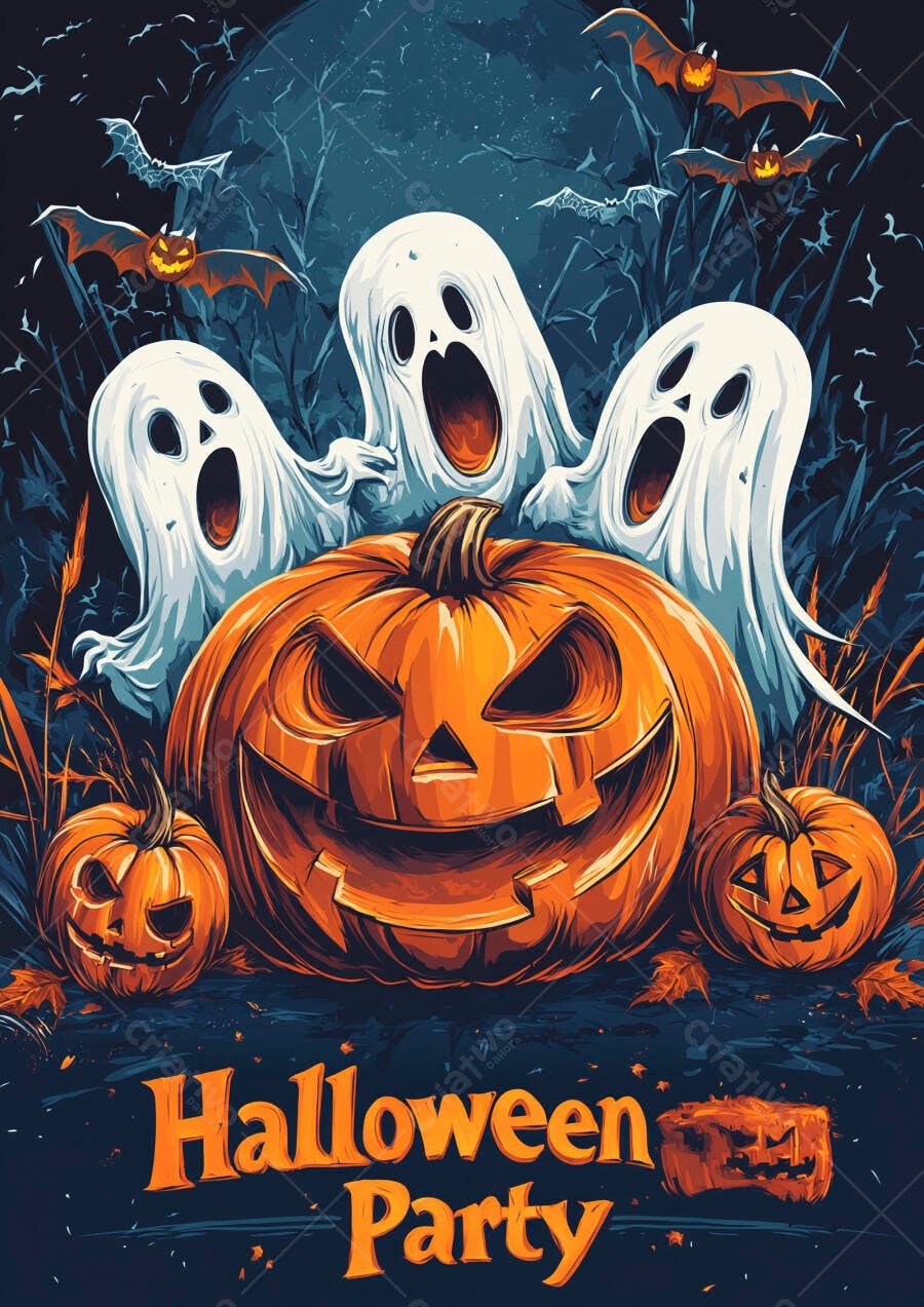 Ilustração Halloween Party Fantasmas Abóboras Morcegos Outubro