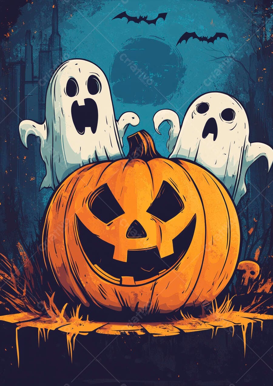 Ilustração Halloween Abóbora Fantasmas Noite Assustadora
