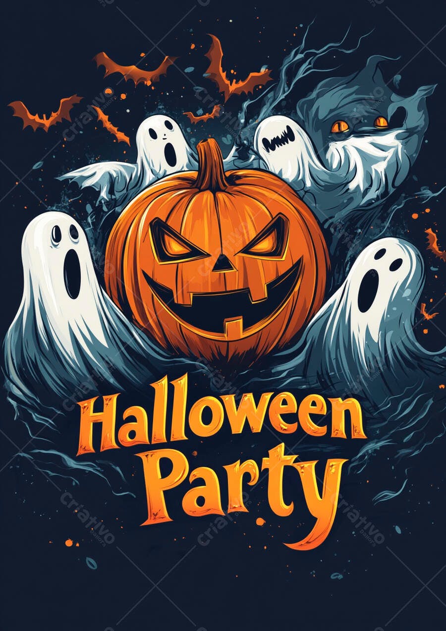 Ilustração Halloween Party Abóbora Fantasmas Morcegos