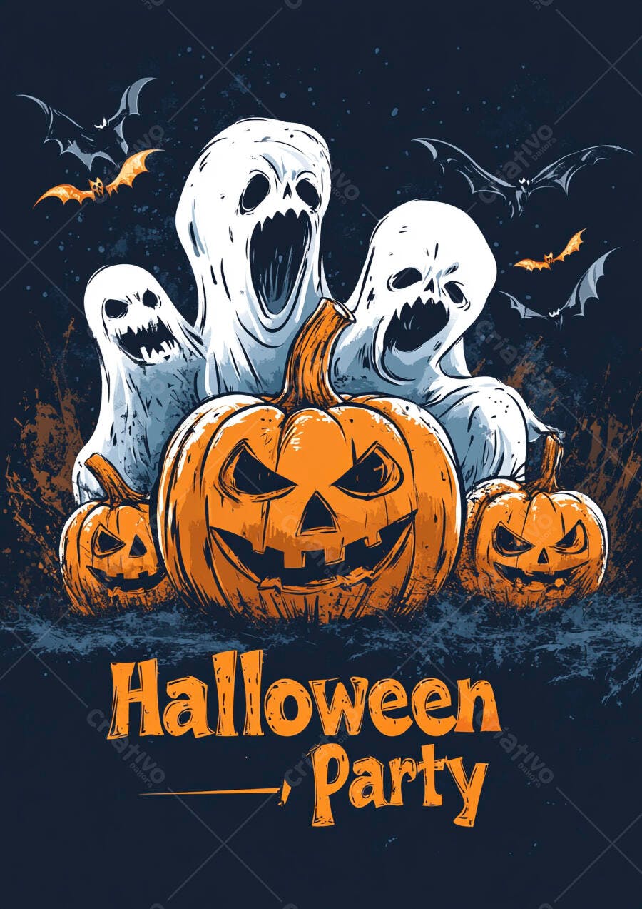 Ilustração Halloween Party Fantasmas Abóboras Morcegos