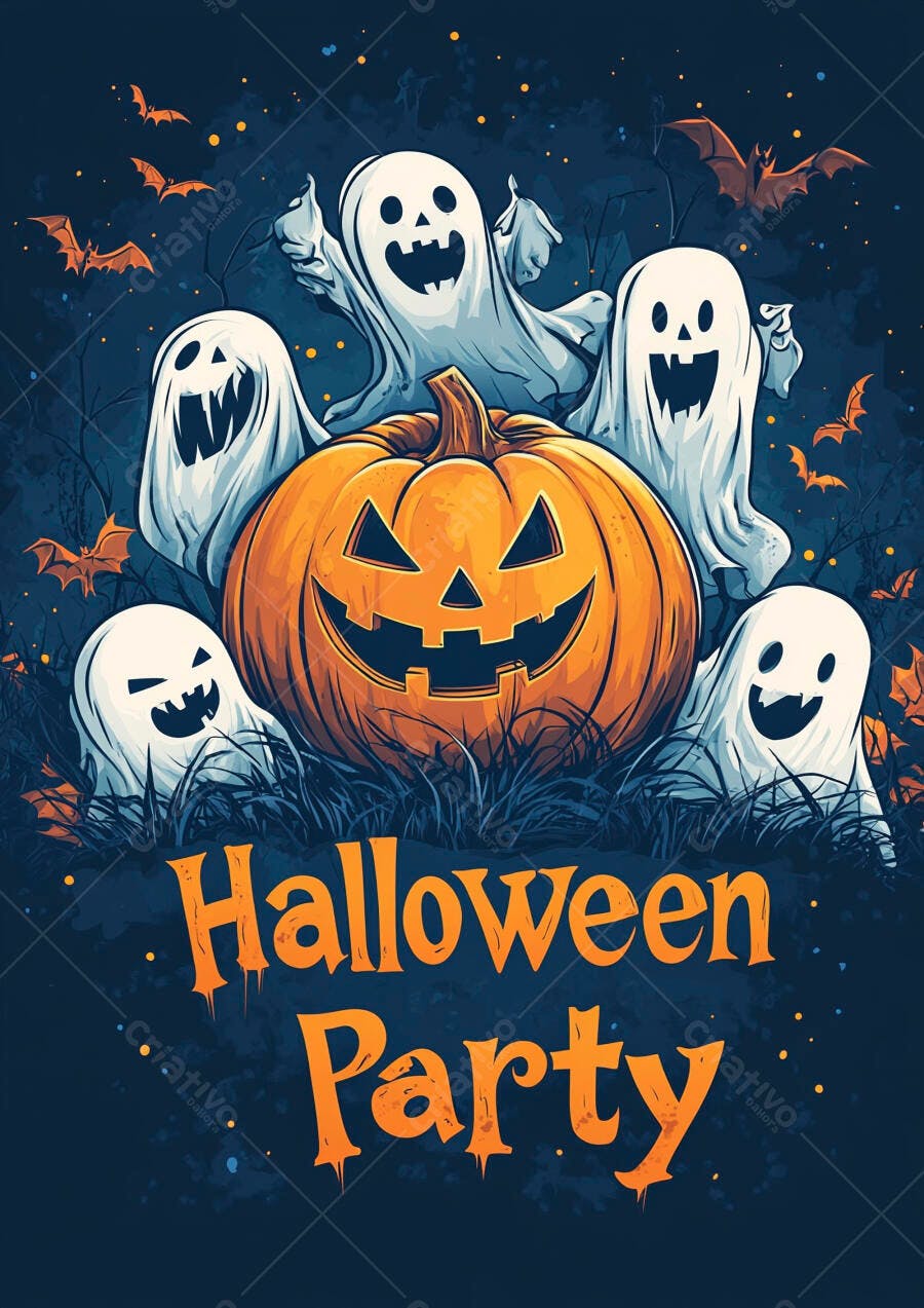Ilustração Halloween Party Abóbora Fantasmas Morcegos Outubro