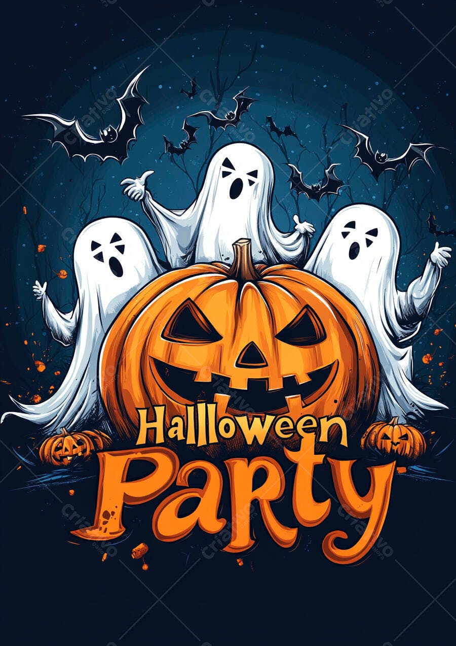 Ilustração Halloween Party Fantasmas Abóboras Morcegos Outubro