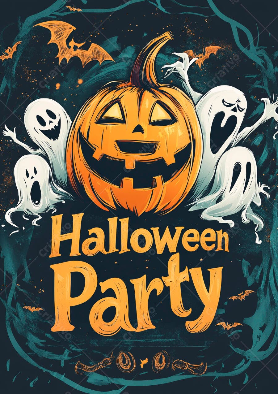 Flyer Halloween Party Abóbora Fantasmas Morcegos Outubro