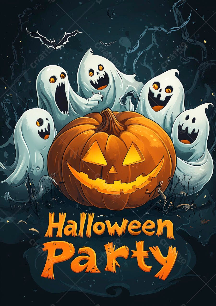 Ilustração Halloween Party Abóbora Fantasmas Morcegos
