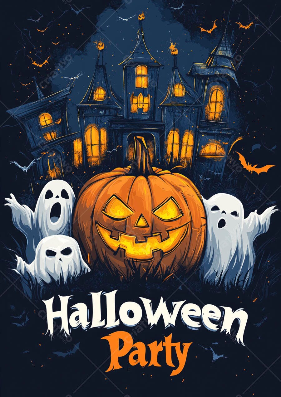 Ilustração Halloween Party Abóbora Fantasmas Castelo Assombrado