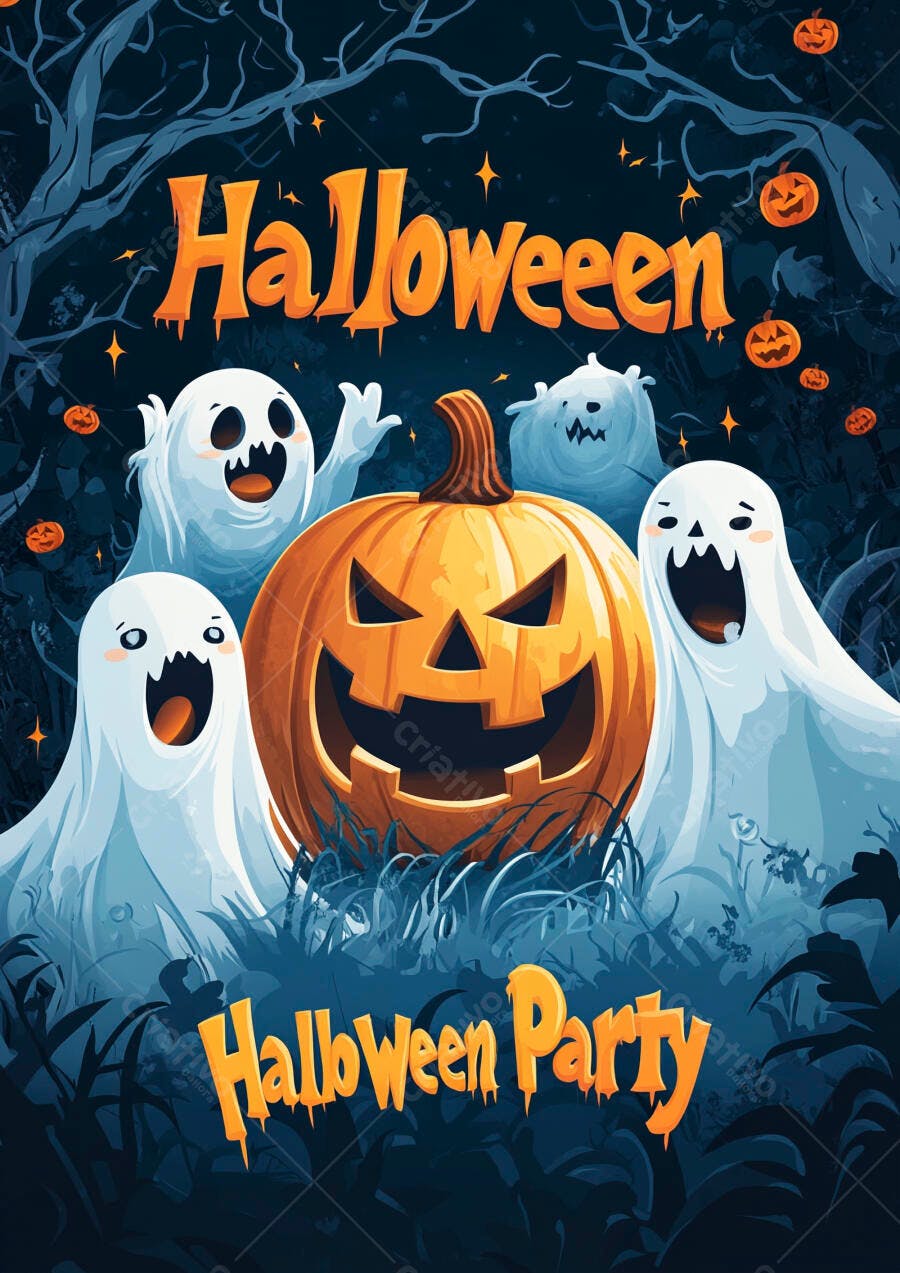 Ilustração Halloween Abóbora Fantasmas Noite Escura