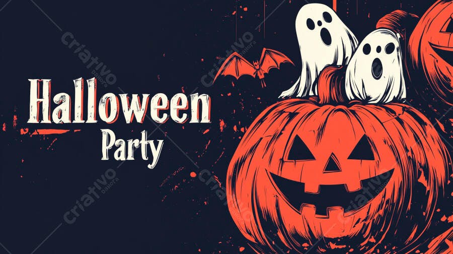 Banner Halloween Party Abóbora Fantasmas Morcego Preto Laranja
