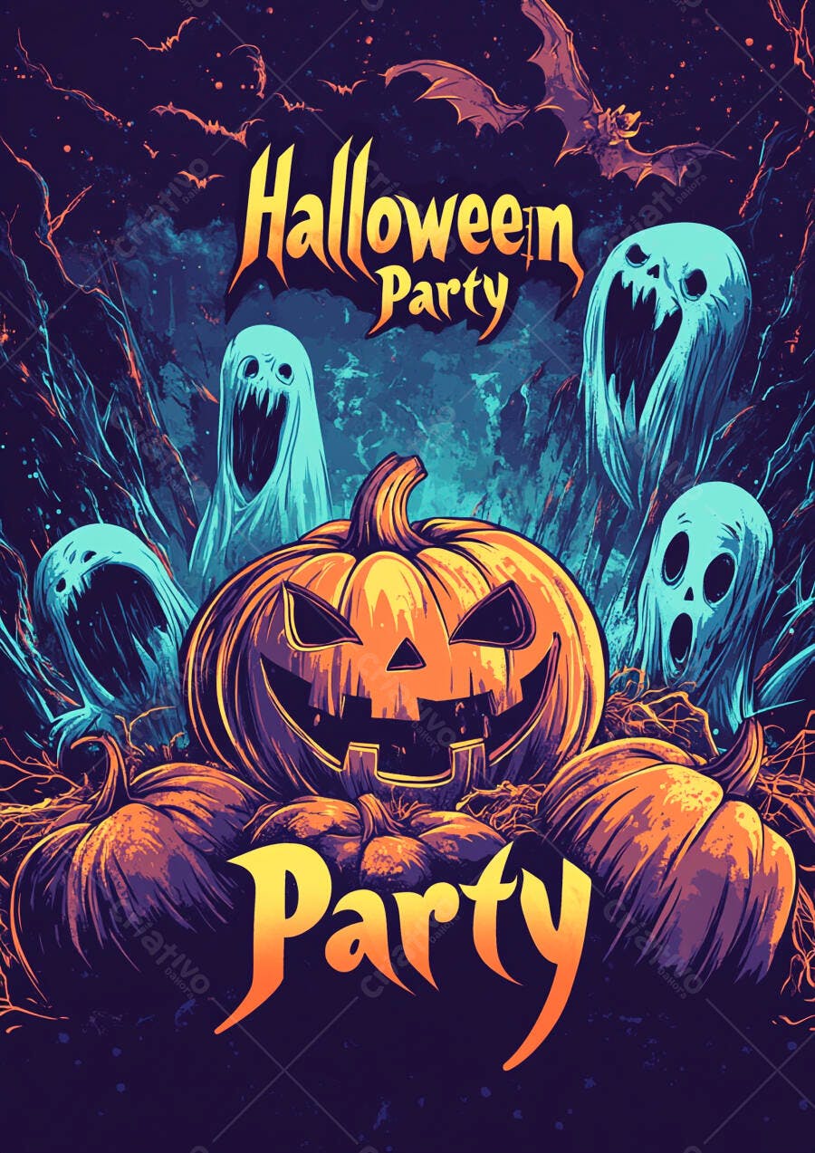 Ilustração Halloween Party Abóboras Fantasmas Morcegos