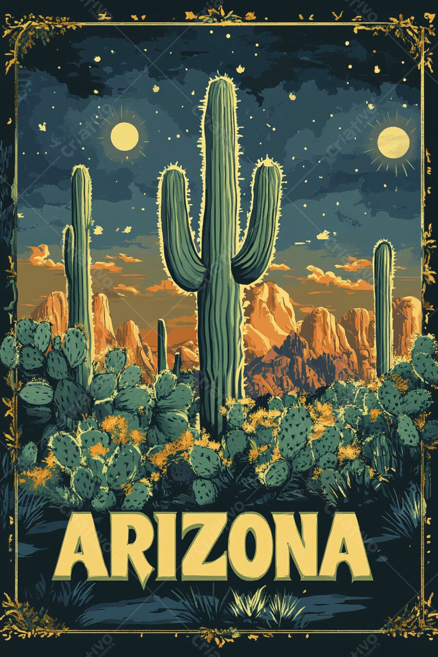 Ilustração Deserto Arizona Cactos Saguaro Noite Estrelada