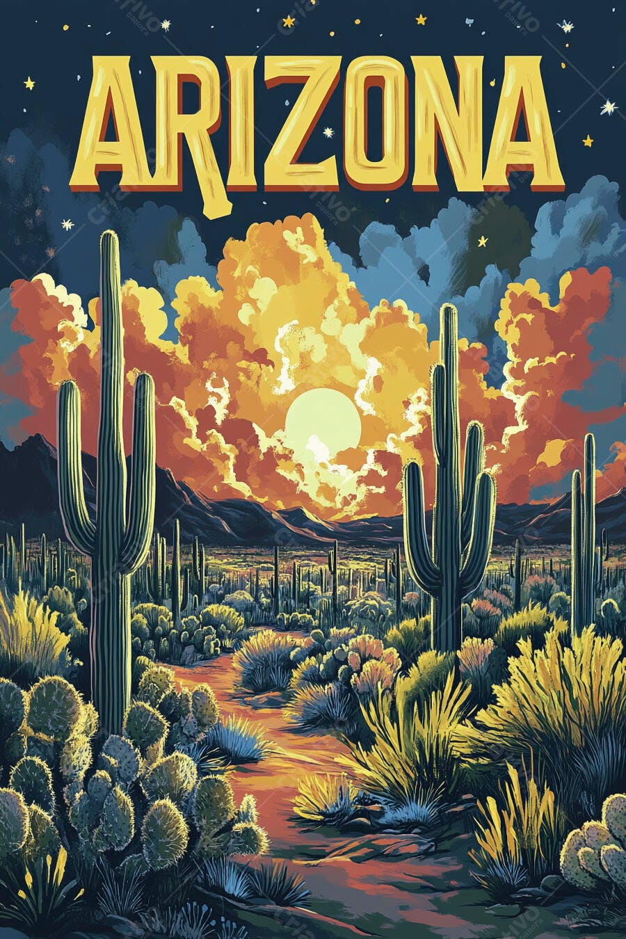 Ilustração Arizona Deserto Cactos Pôr do Sol Vintage