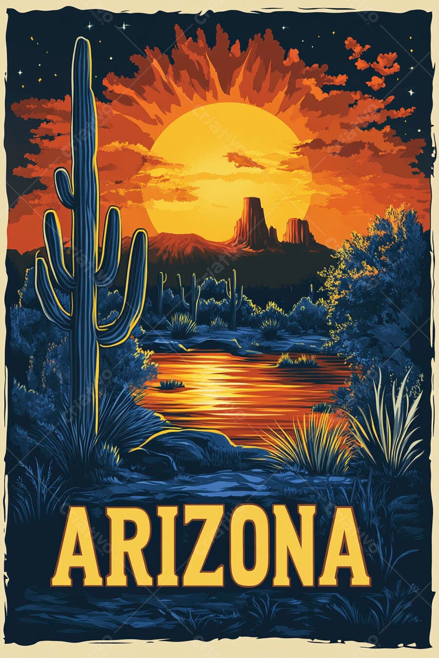 Pôster Arizona Deserto Cacto Saguaro Pôr do Sol Lago
