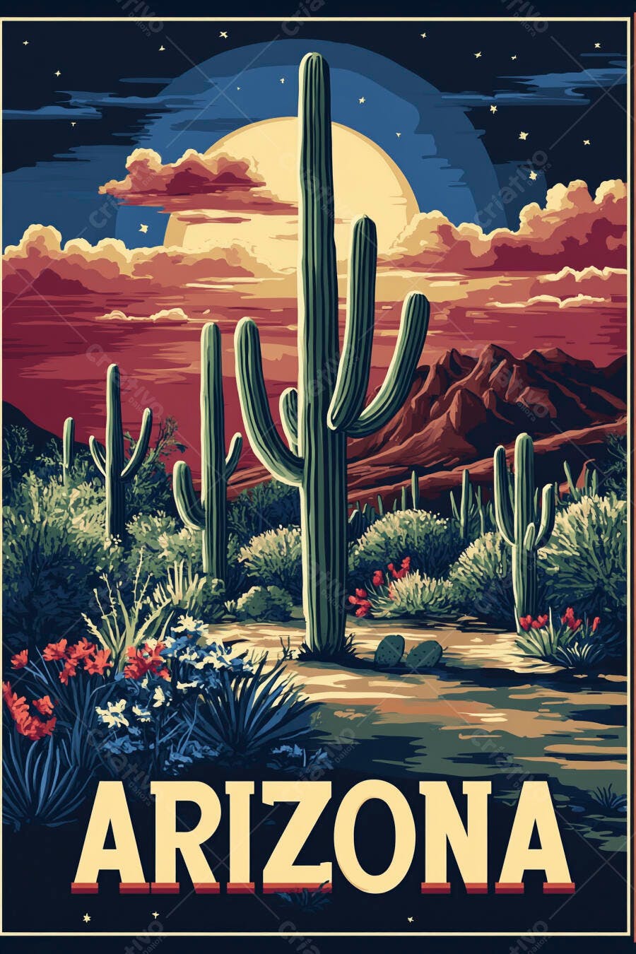 Ilustração Deserto Arizona Cactos Pôr do Sol Vintage Retrô