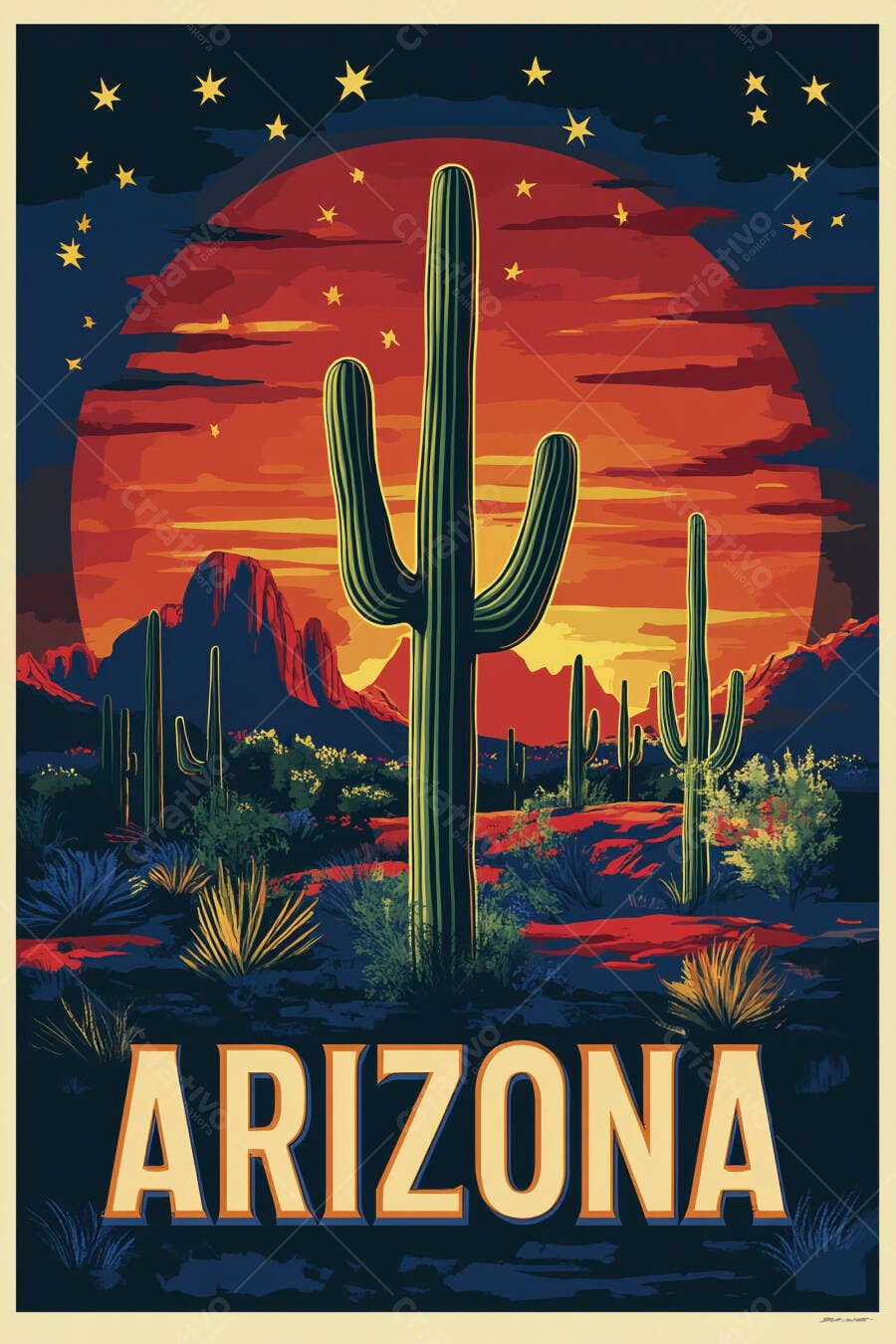 Pôster Arizona Deserto Cactos Pôr do Sol Estilo Vintage