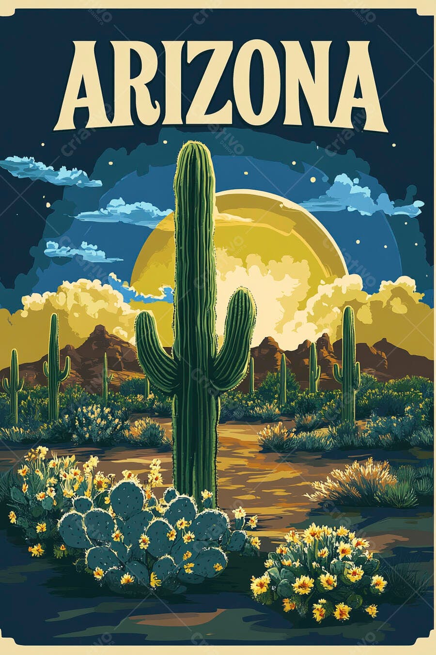 Pôster Arizona Deserto Cactos Saguaro Ilustração Vintage