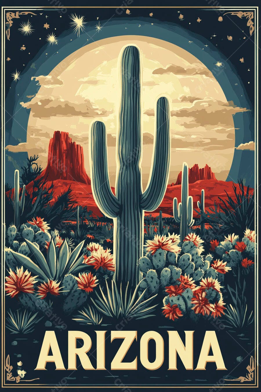 Ilustração Deserto Arizona Cactos Flores Lua Cheia