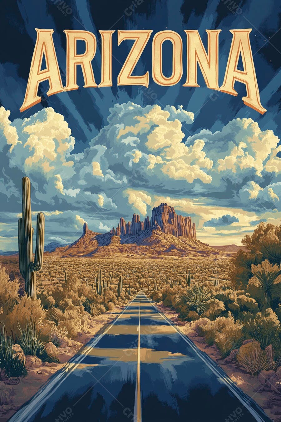 Ilustração Arizona Deserto Estrada Cactos Montanhas