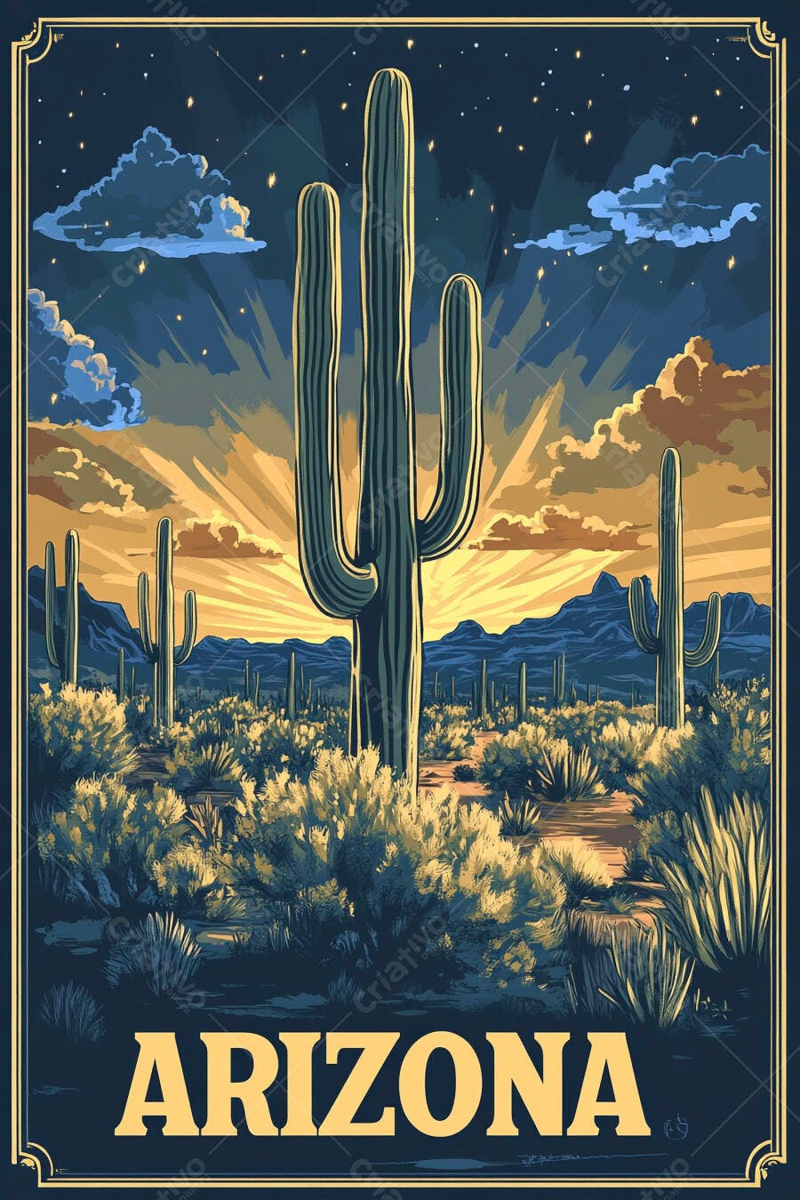 Pôster Vintage Arizona Deserto Cactos Saguaro Pôr do Sol