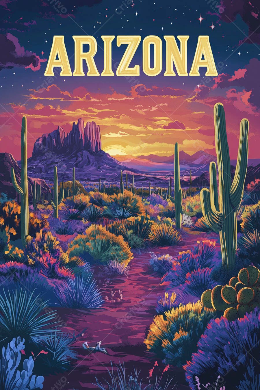 Ilustração Arizona Deserto Cactos Pôr do Sol Vívido