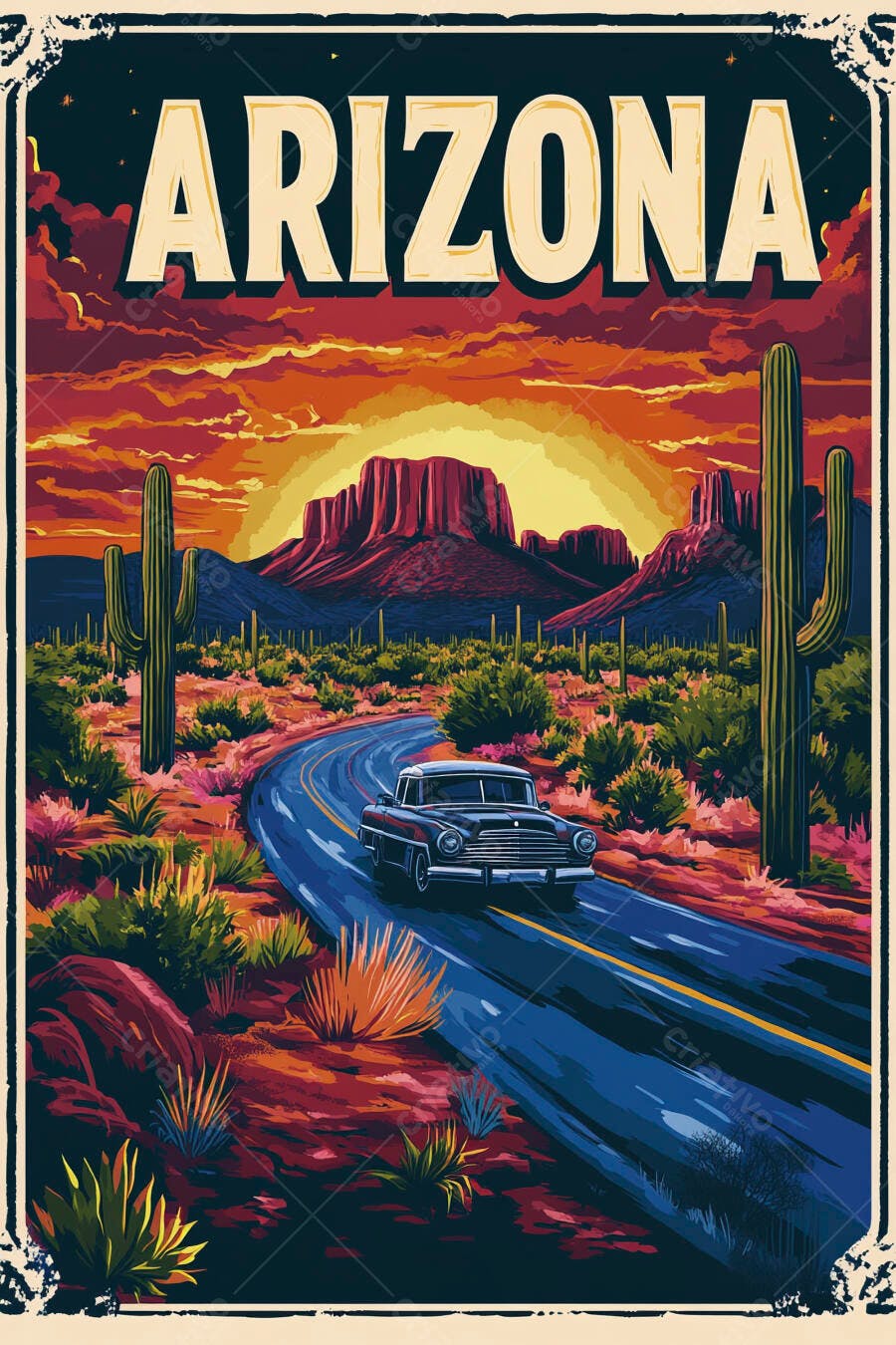 Pôster Arizona Vintage Carro Deserto Cactos Pôr do Sol